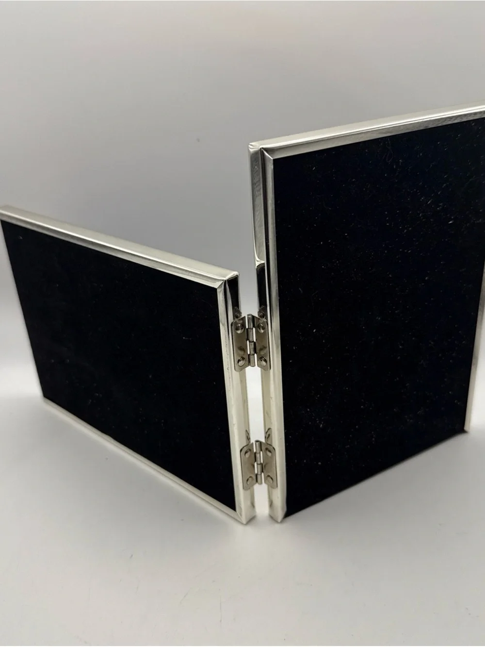 Silver-tone Metal Bi-Fold Double 5x7 Photo Frame Black Velveteen Back Asymmetric